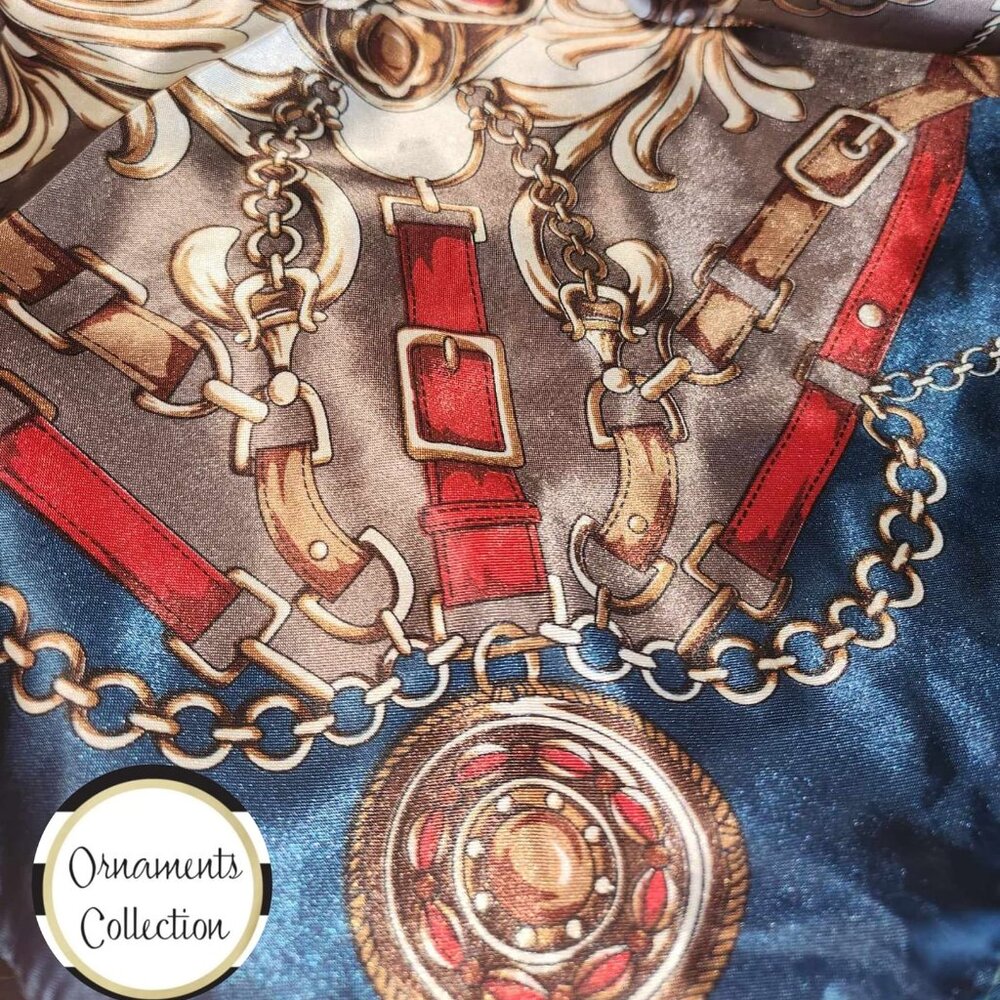 TEAL TAUPE & Red Equestrian Poly-Silk 36” Square SCARF New  ORNAMENTS COLLECTION